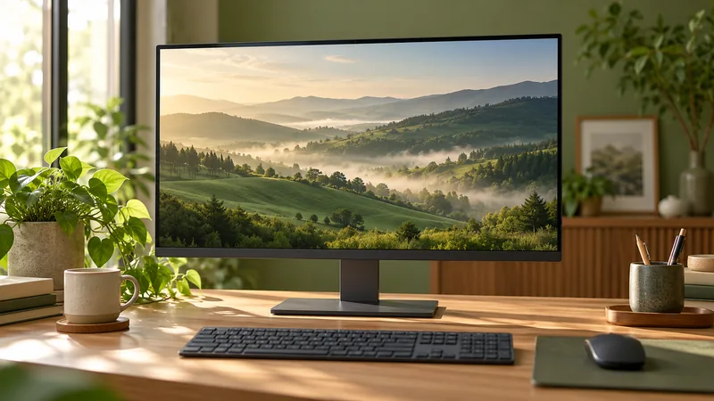 Ilustração editorial de um monitor sobre uma mesa, exibindo uma paisagem verde.