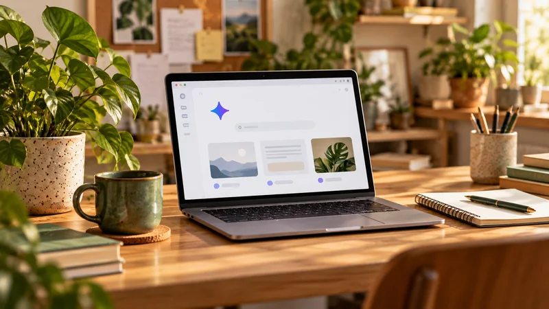 Ilustração editorial de um notebook com assistente digital em um pequeno escritório, com agenda e plantas