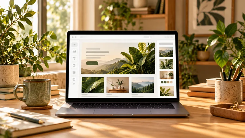 Ilustração editorial de um notebook com um editor de páginas e uma composição de paisagens e plantas