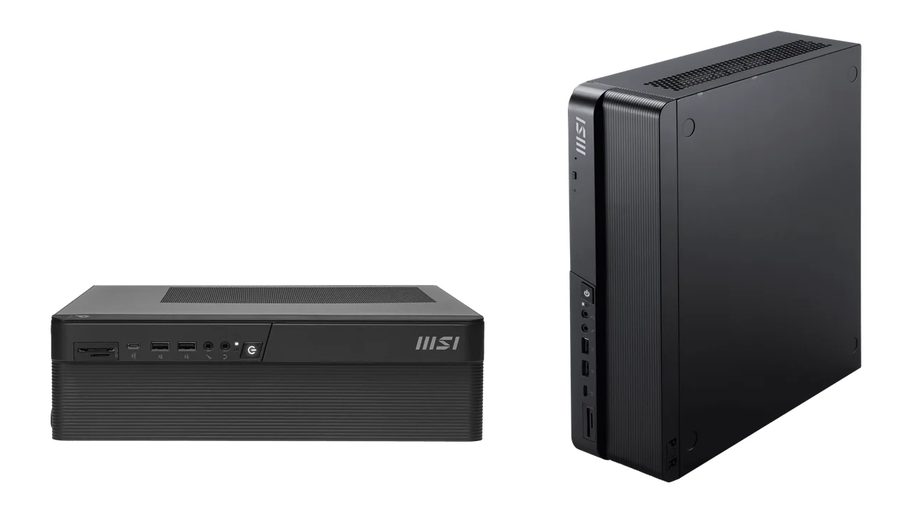 Desktop MSI PRO DP80 AI mostrado nas posições horizontal e vertical