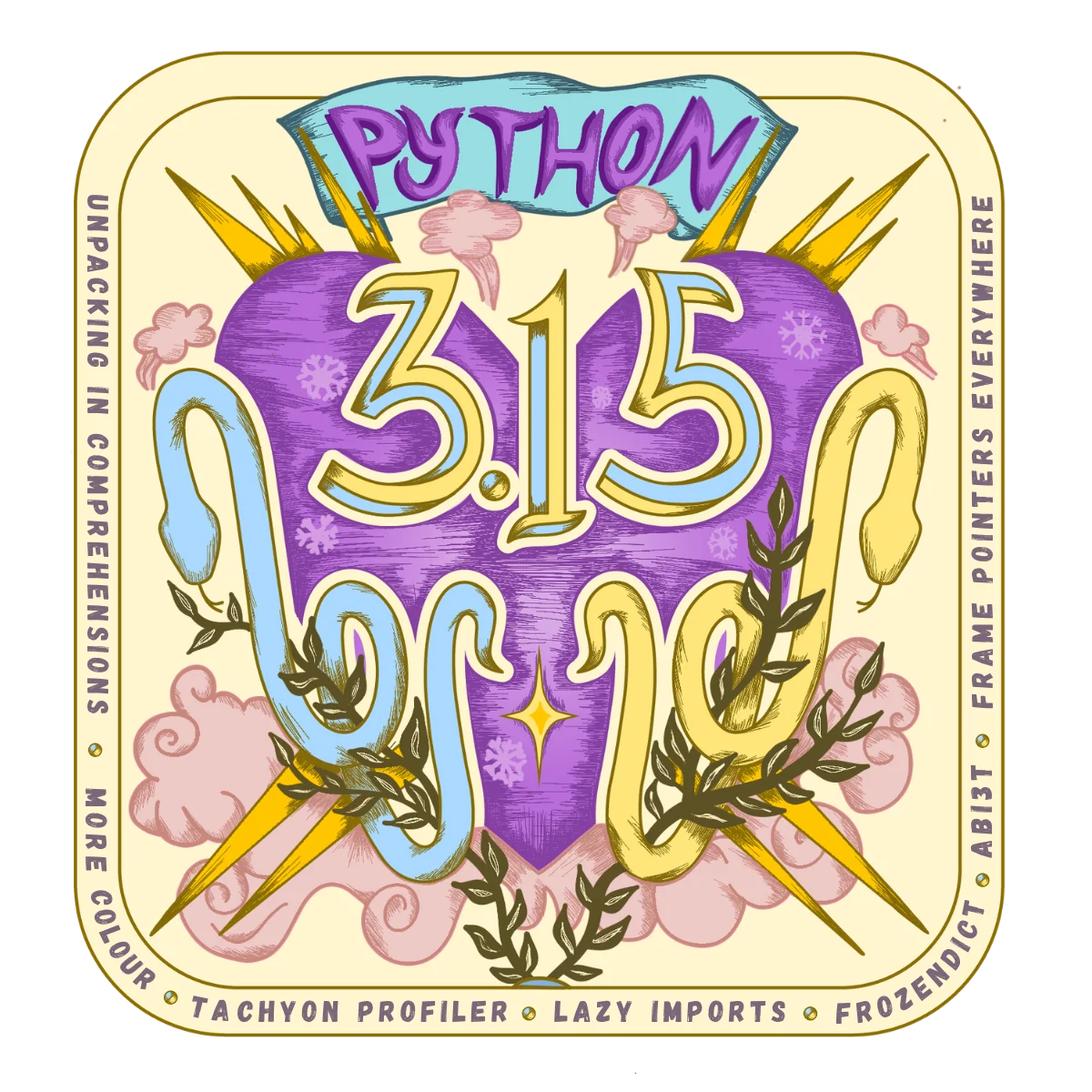 Arte da série Python 3.15 publicada na página oficial, com duas serpentes e o número da versão; não representa a falha de segurança.