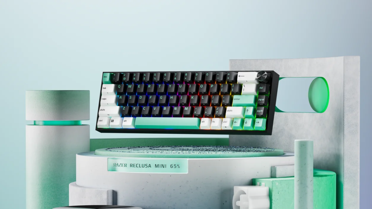 Teclado Razer Reclusa Mini 65% com teclas em três tons, em imagem de divulgação da fabricante