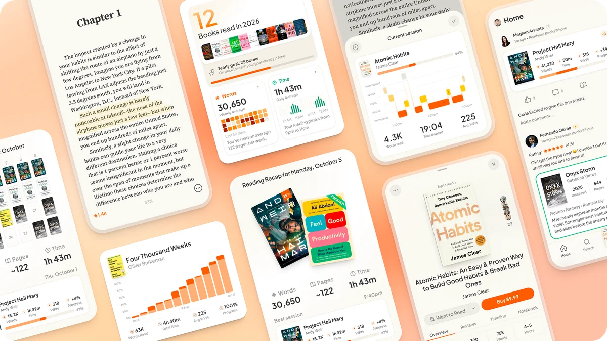 Arte oficial do Readwise Books com telas de leitura, estatísticas e atividade social do aplicativo