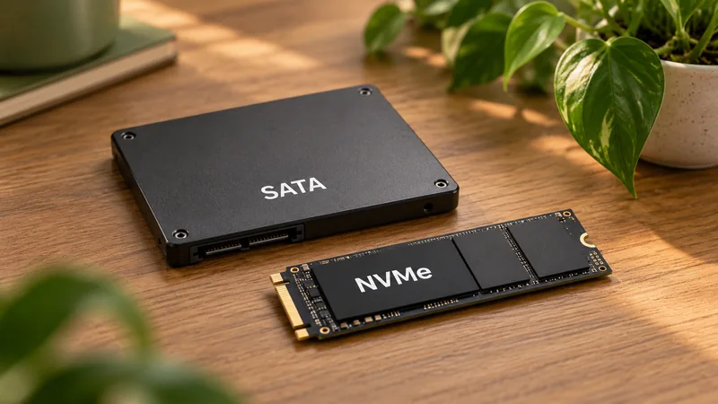 Ilustração editorial de um SSD SATA de 2,5 polegadas e um SSD M.2 NVMe sobre madeira.