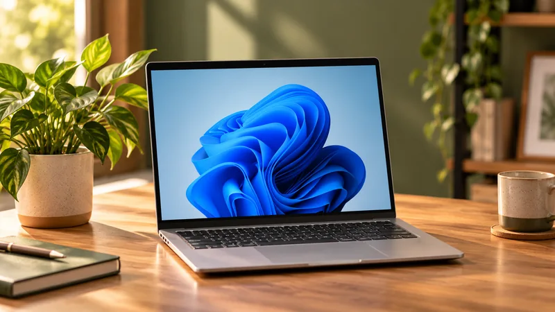 Ilustração editorial de um notebook sobre uma mesa, com papel de parede azul na tela.